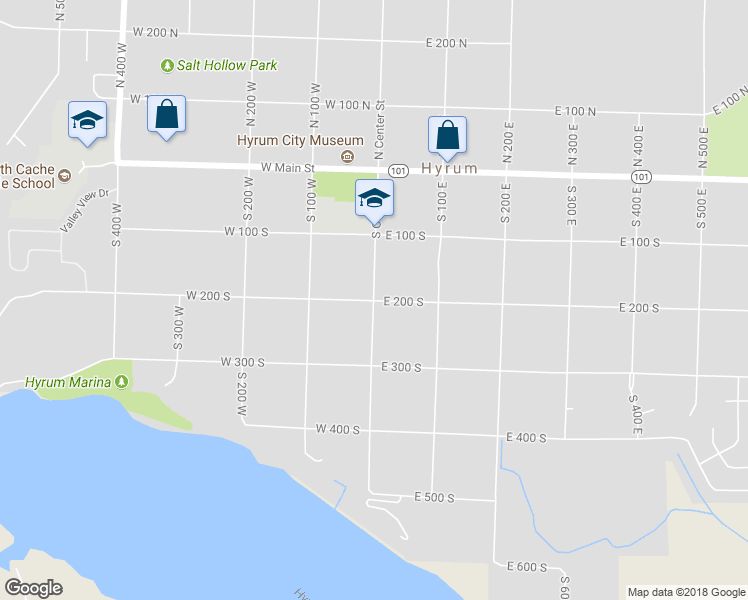 map of restaurants, bars, coffee shops, grocery stores, and more near 1 East 200 South in Hyrum
