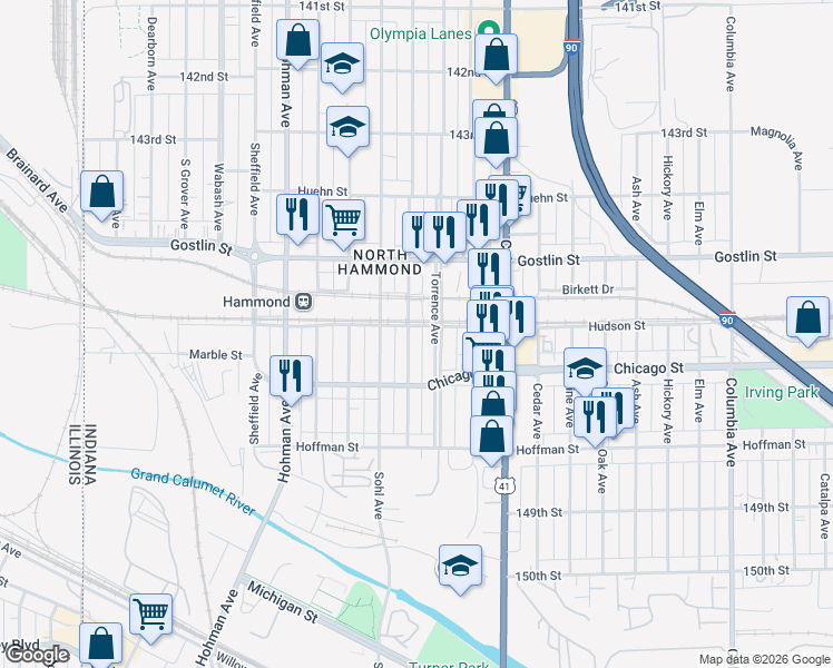 map of restaurants, bars, coffee shops, grocery stores, and more near 4618 Torrence Avenue in Hammond