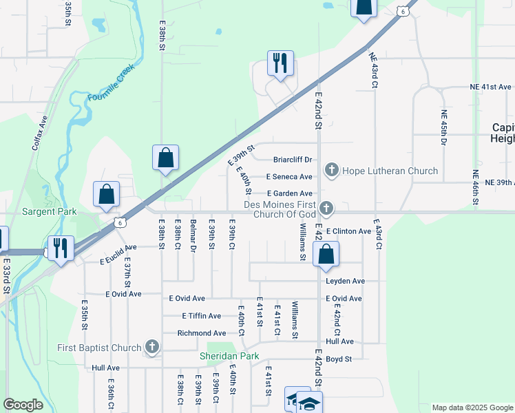 map of restaurants, bars, coffee shops, grocery stores, and more near 4020 Northeast 38th Avenue in Des Moines
