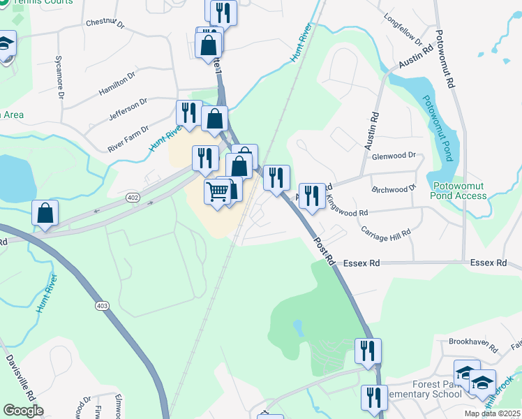 map of restaurants, bars, coffee shops, grocery stores, and more near 1601 Post Road in North Kingstown