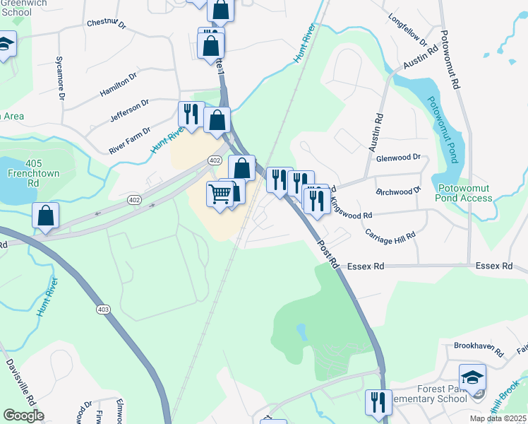 map of restaurants, bars, coffee shops, grocery stores, and more near 1601 Post Road in North Kingstown