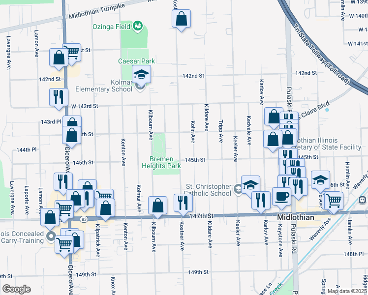 map of restaurants, bars, coffee shops, grocery stores, and more near 14445 Kostner Avenue in Midlothian