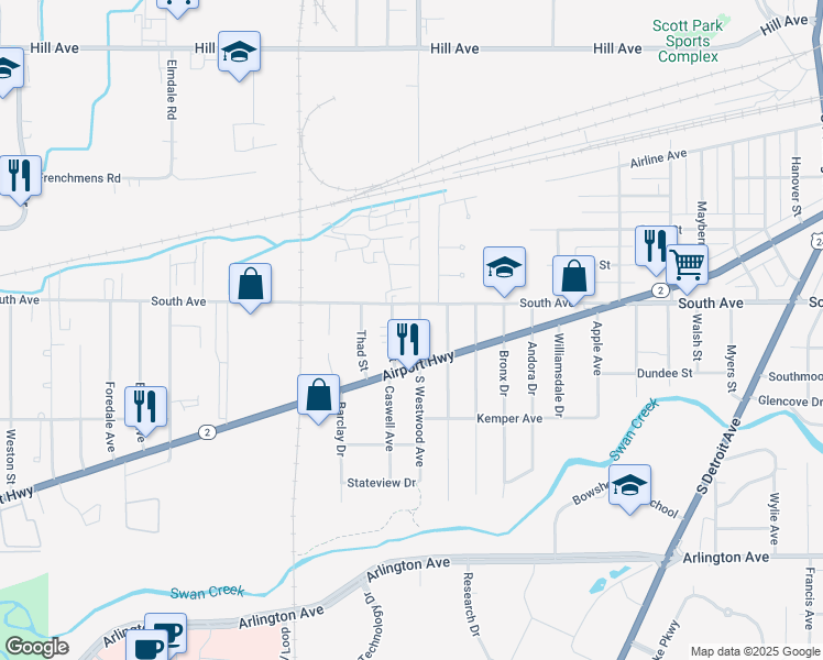 map of restaurants, bars, coffee shops, grocery stores, and more near in Toledo