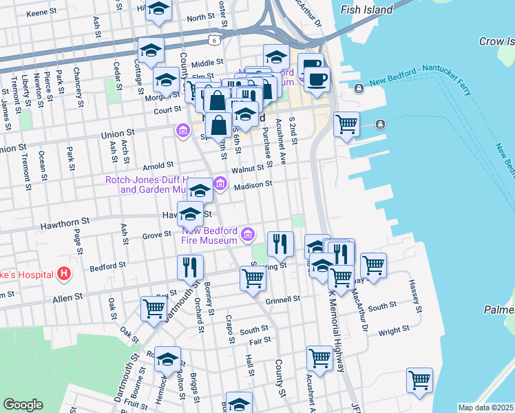 map of restaurants, bars, coffee shops, grocery stores, and more near 277 Pleasant Street in New Bedford