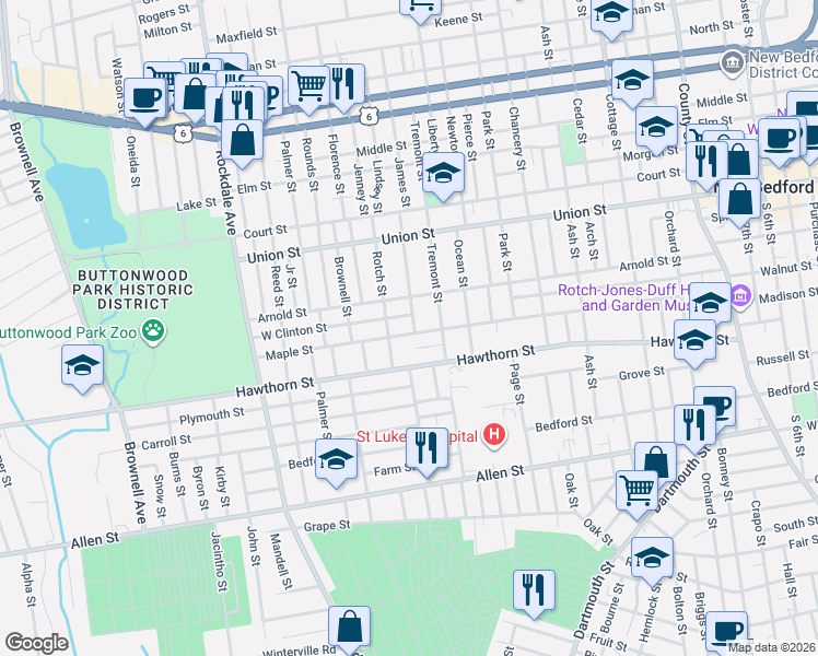 map of restaurants, bars, coffee shops, grocery stores, and more near 19 Mapleview Terrace in New Bedford