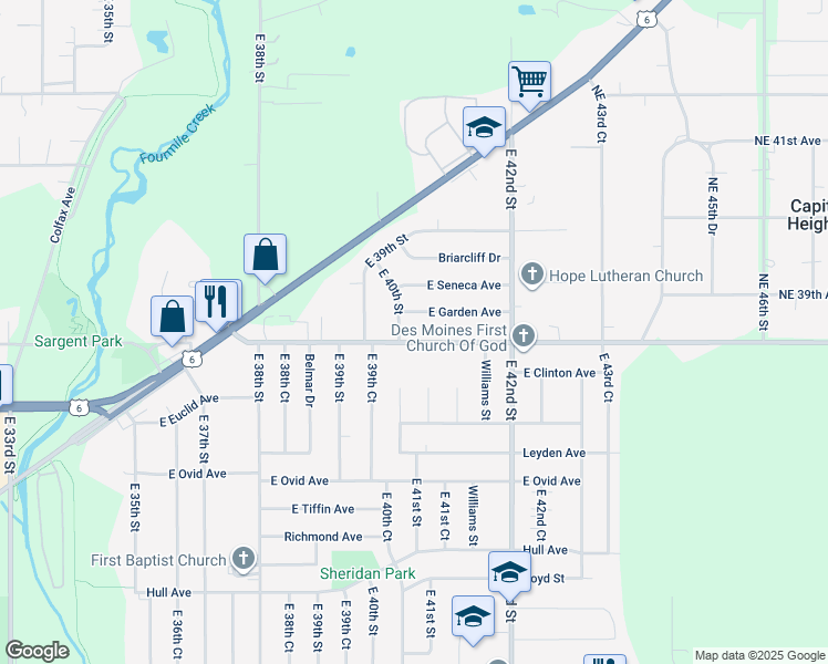 map of restaurants, bars, coffee shops, grocery stores, and more near 4020 Northeast 38th Avenue in Des Moines