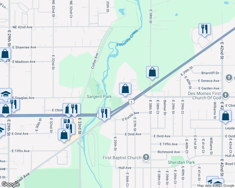 map of restaurants, bars, coffee shops, grocery stores, and more near 3520 Hubbell Avenue in Des Moines