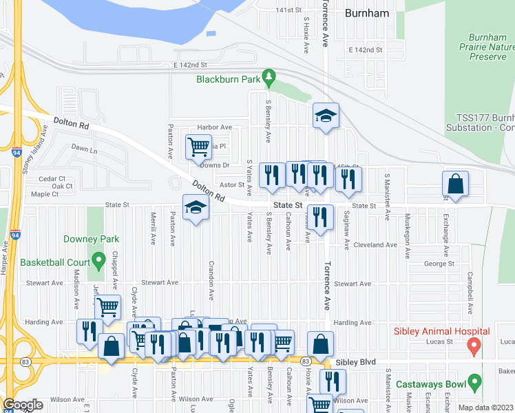 map of restaurants, bars, coffee shops, grocery stores, and more near 1563 State Street in Calumet City
