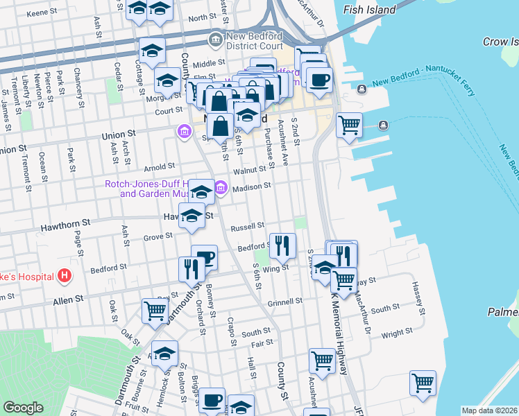 map of restaurants, bars, coffee shops, grocery stores, and more near 277 Pleasant Street in New Bedford