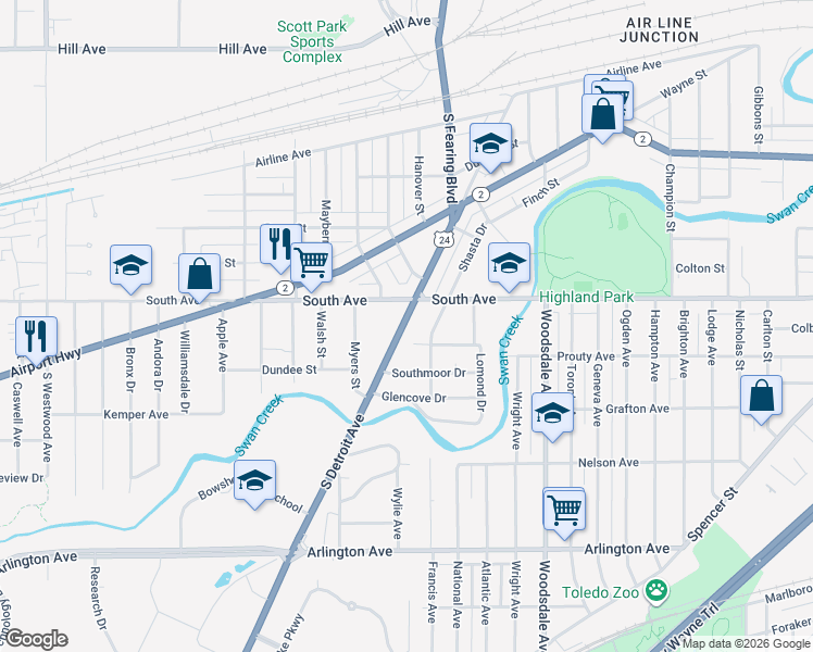 map of restaurants, bars, coffee shops, grocery stores, and more near 529 South Detroit Avenue in Toledo