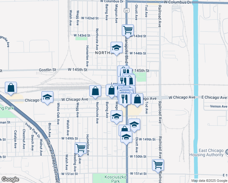 map of restaurants, bars, coffee shops, grocery stores, and more near 910 West Chicago Avenue in East Chicago