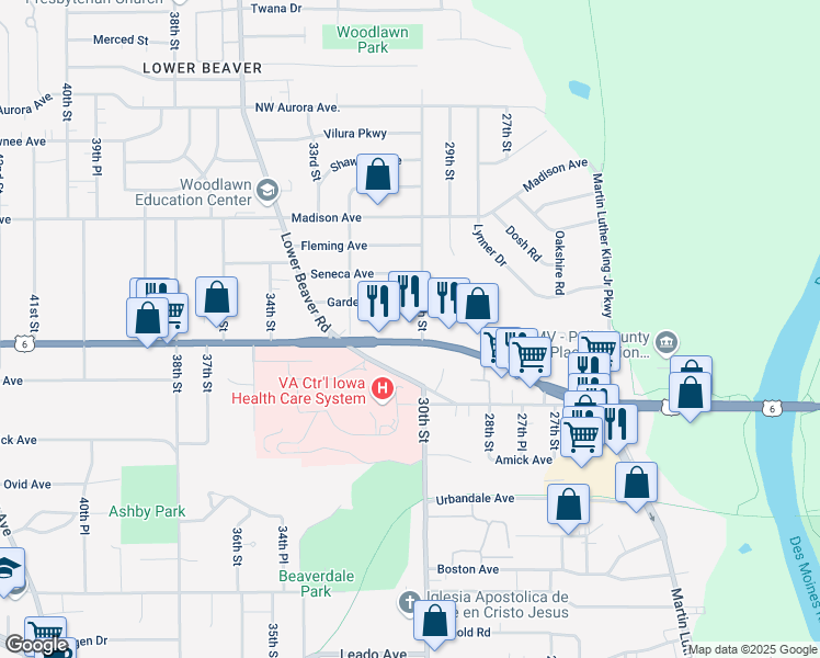 map of restaurants, bars, coffee shops, grocery stores, and more near 3005 Douglas Avenue in Des Moines