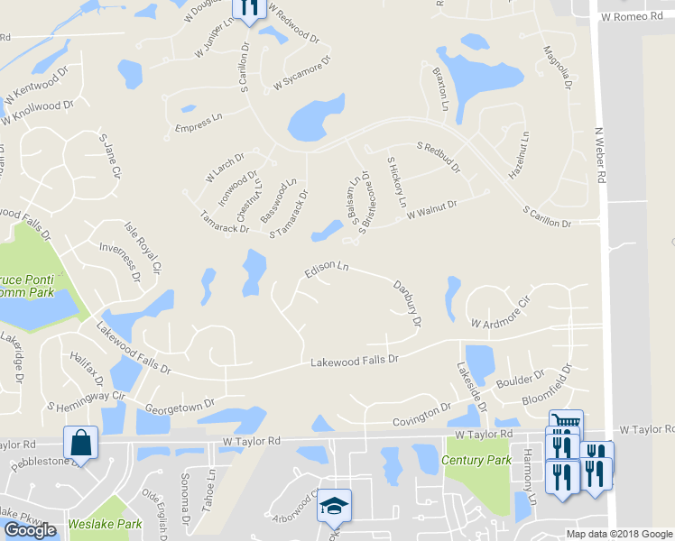 map of restaurants, bars, coffee shops, grocery stores, and more near 21239 Edison Lane in Plainfield