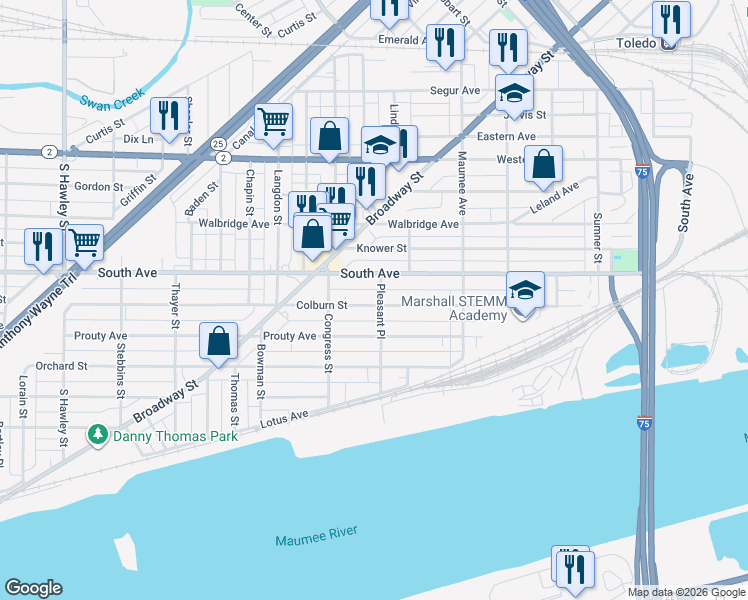 map of restaurants, bars, coffee shops, grocery stores, and more near 606 Colburn Street in Toledo