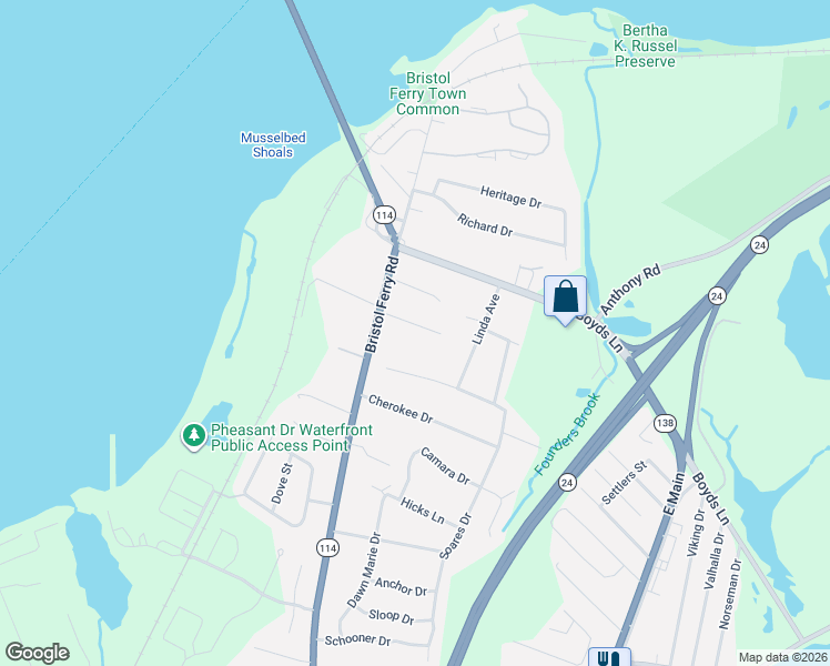 map of restaurants, bars, coffee shops, grocery stores, and more near 561 Bristol Ferry Road in Portsmouth