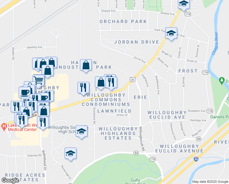 map of restaurants, bars, coffee shops, grocery stores, and more near 37391 Euclid Avenue in Willoughby