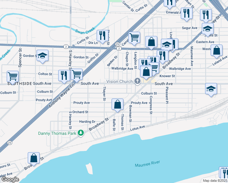 map of restaurants, bars, coffee shops, grocery stores, and more near 872 Colburn Street in Toledo