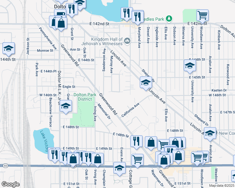 map of restaurants, bars, coffee shops, grocery stores, and more near 766 East 146th Street in Dolton