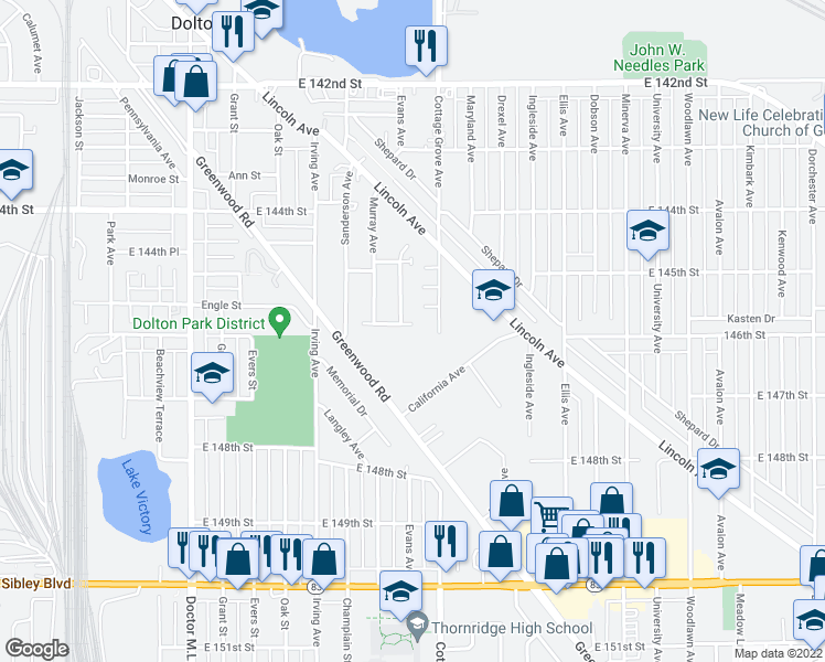 map of restaurants, bars, coffee shops, grocery stores, and more near 782 East 146th Street in Dolton