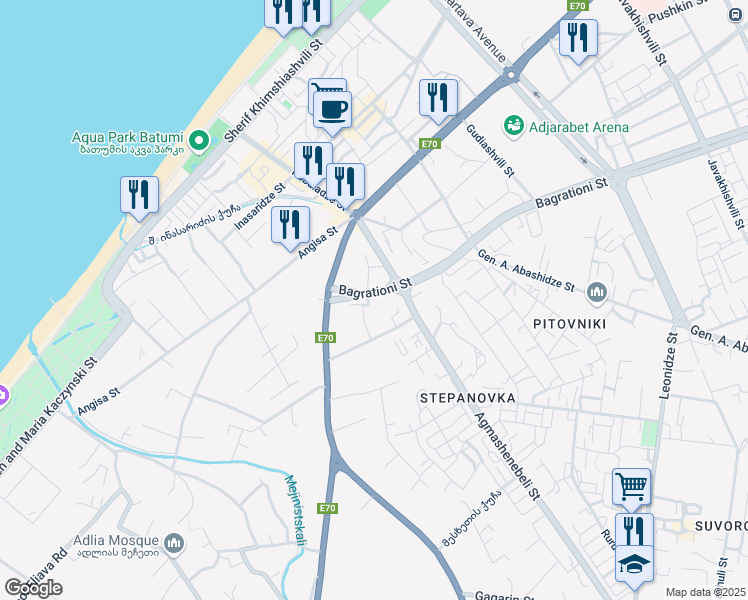 map of restaurants, bars, coffee shops, grocery stores, and more near 161 Bagrationi Street in Batumi