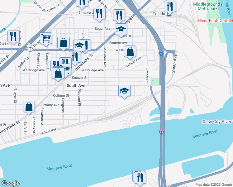 map of restaurants, bars, coffee shops, grocery stores, and more near 406 Colburn Street in Toledo