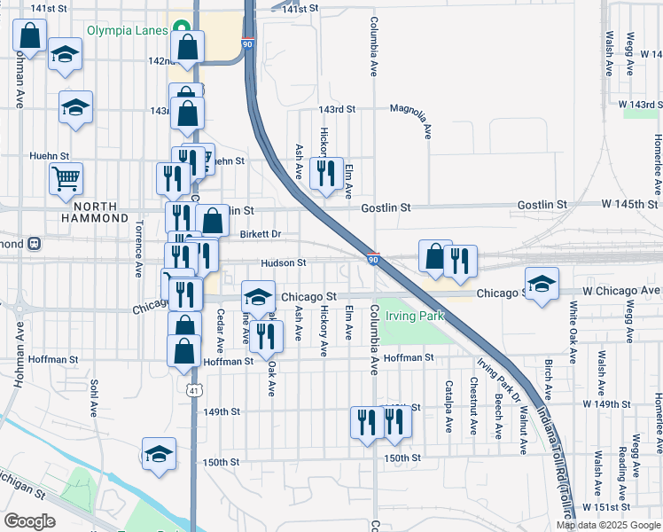 map of restaurants, bars, coffee shops, grocery stores, and more near 4618 Hickory Avenue in Hammond