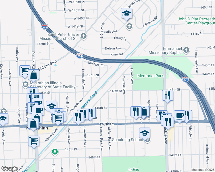 map of restaurants, bars, coffee shops, grocery stores, and more near 14475 Abbottsford Road in Midlothian