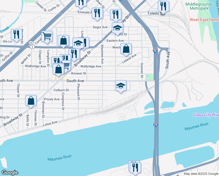 map of restaurants, bars, coffee shops, grocery stores, and more near 406 Colburn Street in Toledo