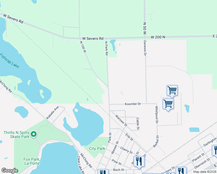 map of restaurants, bars, coffee shops, grocery stores, and more near 1450 Park Street in La Porte