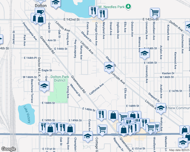 map of restaurants, bars, coffee shops, grocery stores, and more near 14710 Greenwood Road in Dolton