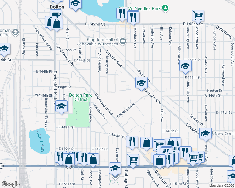 map of restaurants, bars, coffee shops, grocery stores, and more near 14710 Greenwood Road in Dolton
