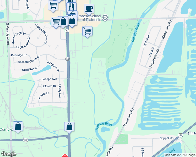 map of restaurants, bars, coffee shops, grocery stores, and more near 2259-2299 North Division Street in Plainfield