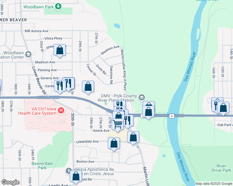 map of restaurants, bars, coffee shops, grocery stores, and more near 2518 Clarkson Avenue in Des Moines