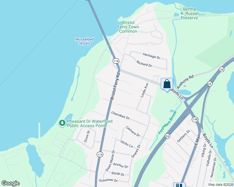 map of restaurants, bars, coffee shops, grocery stores, and more near 567 Bristol Ferry Road in Portsmouth