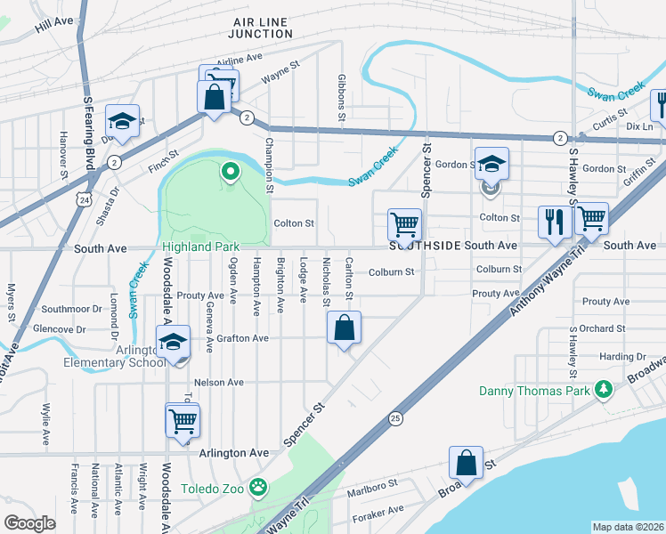 map of restaurants, bars, coffee shops, grocery stores, and more near 540 Carlton Street in Toledo