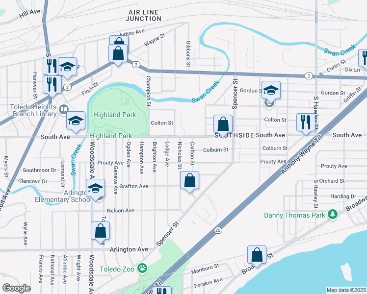 map of restaurants, bars, coffee shops, grocery stores, and more near 540 Carlton Street in Toledo