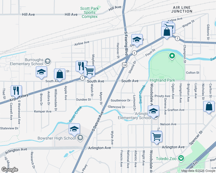 map of restaurants, bars, coffee shops, grocery stores, and more near 552 South Detroit Avenue in Toledo
