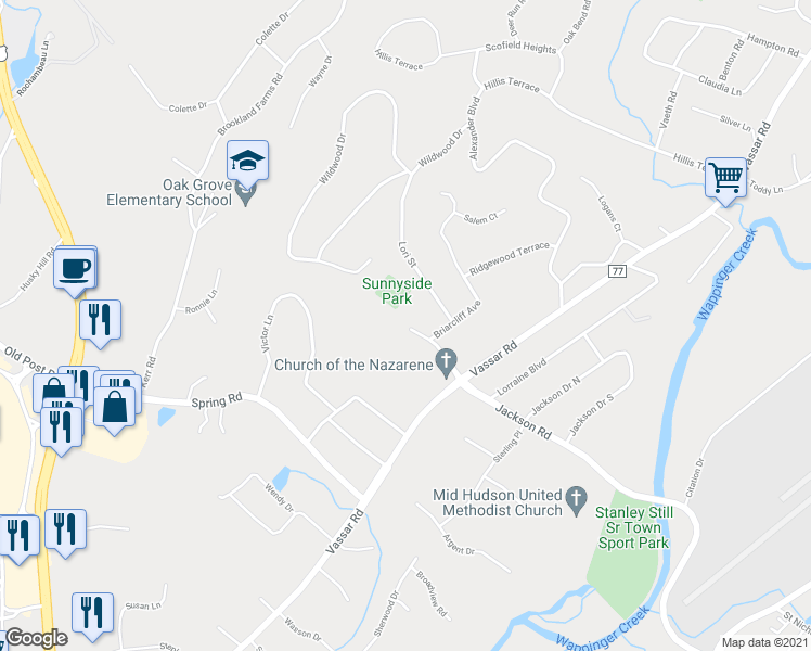 map of restaurants, bars, coffee shops, grocery stores, and more near 14 North Jackson Road in Poughkeepsie