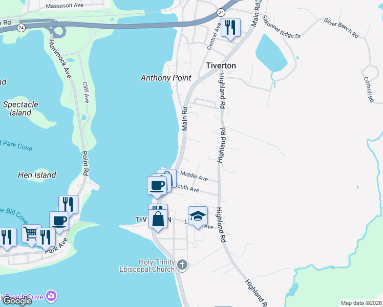 map of restaurants, bars, coffee shops, grocery stores, and more near 5 West Avenue in Tiverton