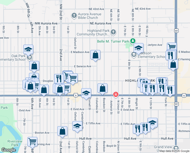 map of restaurants, bars, coffee shops, grocery stores, and more near 3645 Columbia Street in Des Moines