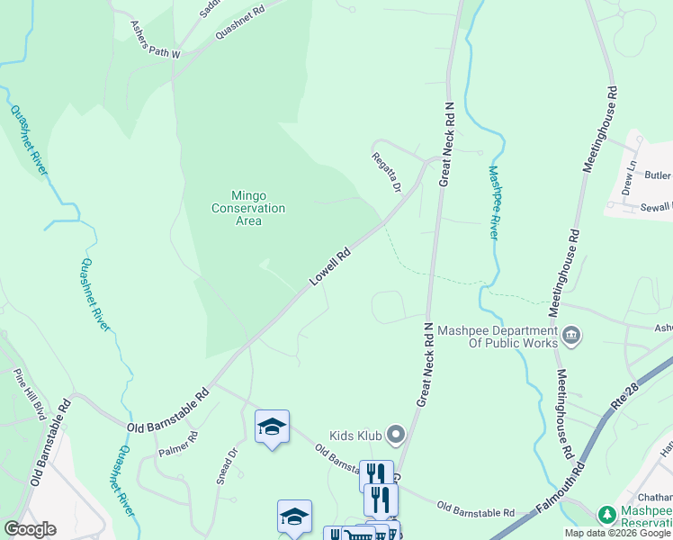 map of restaurants, bars, coffee shops, grocery stores, and more near 100 Lowell Road in Mashpee
