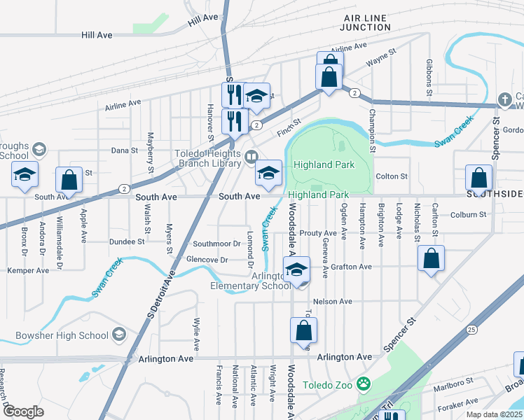 map of restaurants, bars, coffee shops, grocery stores, and more near 1853 South Avenue in Toledo