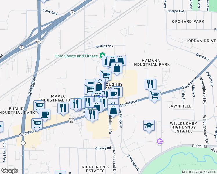 map of restaurants, bars, coffee shops, grocery stores, and more near 36475 Euclid Avenue in Willoughby