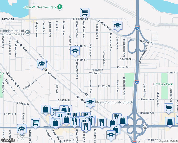 map of restaurants, bars, coffee shops, grocery stores, and more near 14609 Avalon Avenue in Dolton