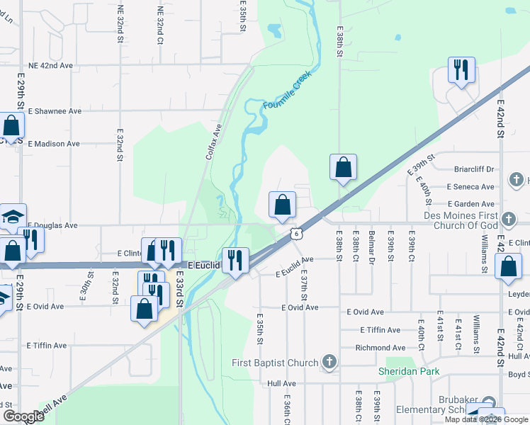 map of restaurants, bars, coffee shops, grocery stores, and more near 3520 Hubbell Avenue in Des Moines