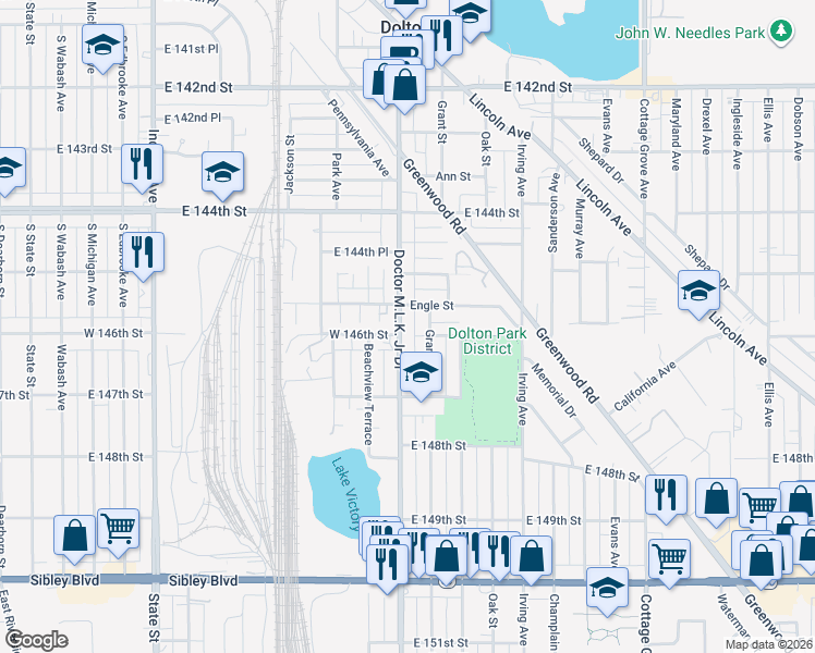 map of restaurants, bars, coffee shops, grocery stores, and more near 14607 Doctor Martin Luther King Junior Drive in Dolton