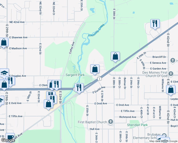 map of restaurants, bars, coffee shops, grocery stores, and more near 3520 Hubbell Avenue in Des Moines