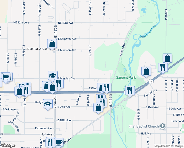 map of restaurants, bars, coffee shops, grocery stores, and more near 3203 East Douglas Avenue in Des Moines