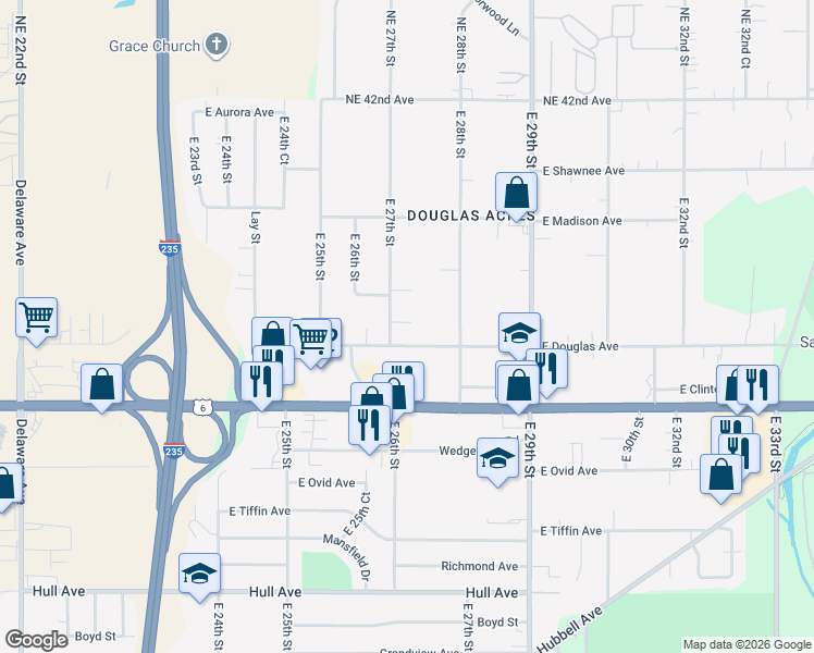 map of restaurants, bars, coffee shops, grocery stores, and more near 2723 East Douglas Avenue in Des Moines