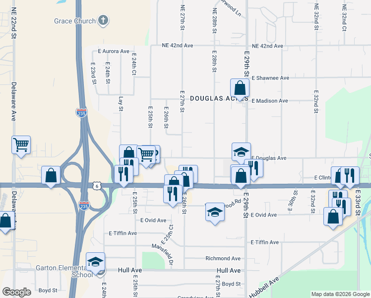 map of restaurants, bars, coffee shops, grocery stores, and more near 2625 East Douglas Avenue in Des Moines